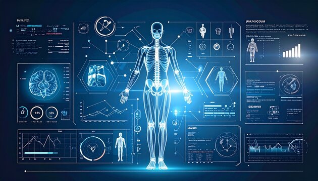 Futuristic Medical Interface with Holographic Human Body, Advanced Medical Scan Displaying Detailed Physiological Data and Diagnostics