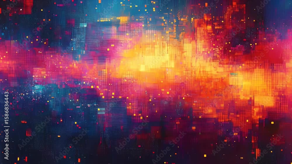 Poster a digital abstract composition featuring vibrant color gradients, grid-like structures, and scattere