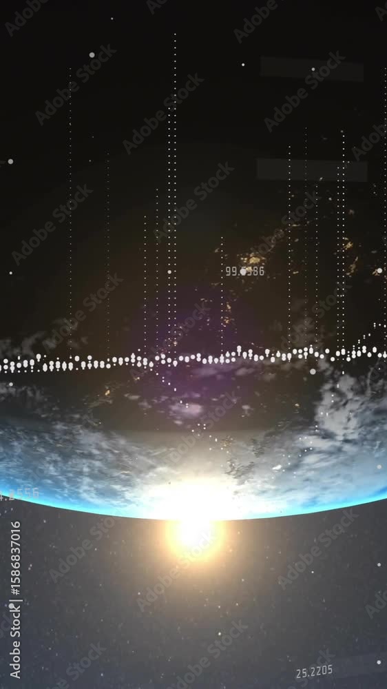 Poster sunrise over earth, data points and coordinates animating in space