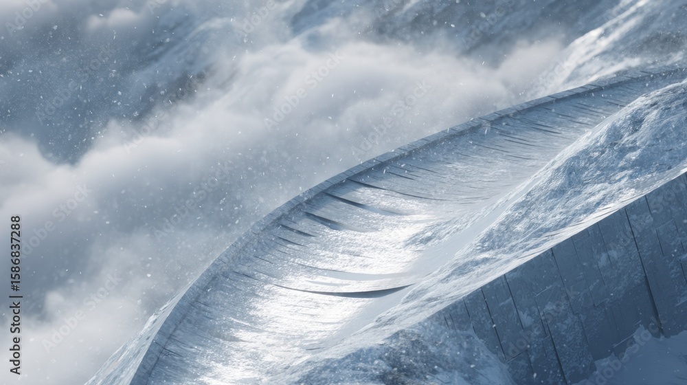 Poster snow accumulates on a composite panel avalanche barrier, showcasing its layered materials and precis