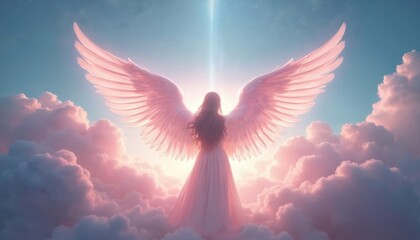 Guardian angel with large pink wings stands in clouds under beam of light. Peaceful serene spiritual atmosphere. Represents hope, purity, holiness, healing, dreams.