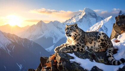 Snow Leopard's Gaze: A Majestic Feline in its Natural Habitat, A Snow Leopard Resting on a Rocky Outcrop with a Breathtaking Mountain View