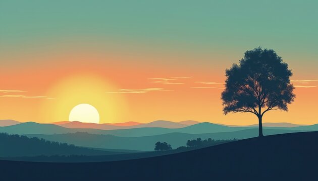 Minimalist illustration shows tree silhouette against vibrant gradient sky at dusk. Sun sets behind rolling hills casting warm orange, yellow hues. Peaceful savanna landscape with serene colors - Powered by Adobe