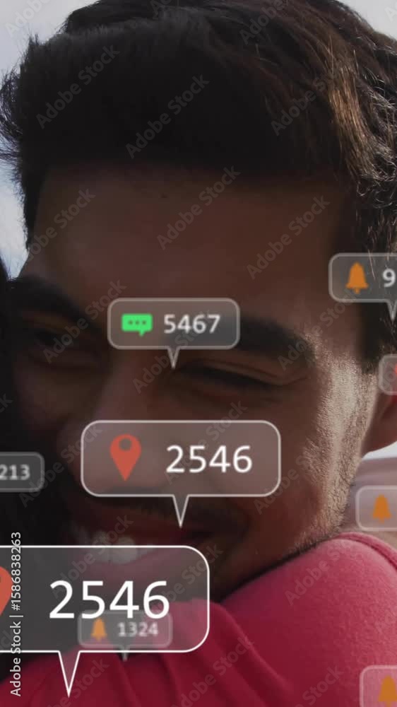Poster hugging couple with location and notification icons animation over their image