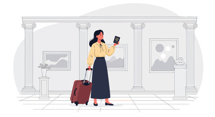 Woman Tourist Exploring Art Museum With Passport And Luggage On Vacation