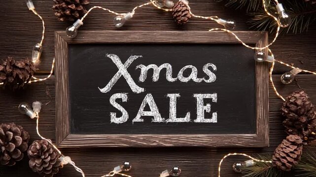 Rustic Xmas Sale Sign with Pinecones and String Lights &ndash; Cozy Holiday Promotion Banner