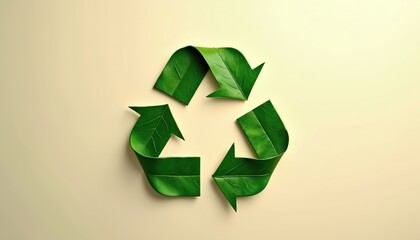 Green recycling symbol crafted from vibrant leaves on light backdrop. Illustration emphasizes nature, sustainability, ecological consciousness. Represents conservation, organic materials, fresh,