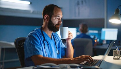 Tired Healthcare Worker Drinking Coffee and Working on Computer at Night, Focused Doctor Using Laptop and Sipping Coffee at Work After Hours
