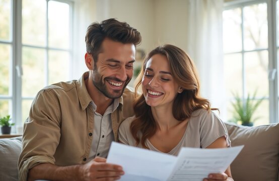 Happy couple reviews financial documents, planning budget, savings, insurance. Discussing debt payment credit score applications in home. Smiling man, woman together, reviewing finance information,