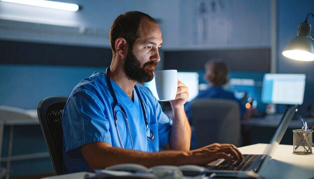 Tired Healthcare Worker Drinking Coffee and Working on Computer at Night, Focused Doctor Using Laptop and Sipping Coffee at Work After Hours