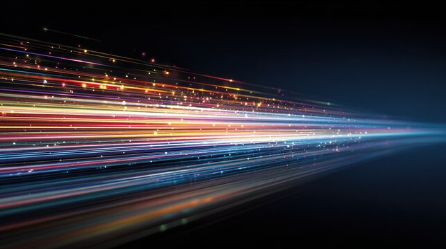 Abstract light streaks and particles, dynamic movement, colorful and energetic lines.