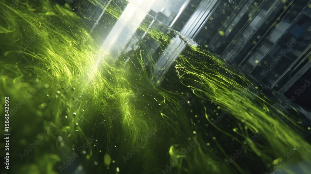 Poster sunlight highlights the dark green pigment of algae thriving in an advanced bioreactor, with shadows