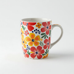 A vibrant white ceramic mug adorned with a cheerful floral pattern of red, orange, and yellow flowers with green leaves, on a clean white background.

