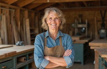 Skilled female carpenter with grey hair smiles confidently in woodworking shop, arms crossed. She wears denim shirt, brown apron. Background shows tools, wood planks, machinery, tables, busy workshop.