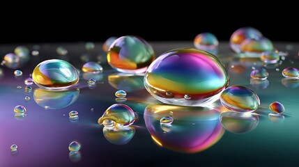 Naklejka premium Colorful Water Droplets on Surface with Reflections and Light Effects for Abstract Background Design