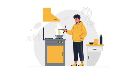 Young Man Cooking Noodles At Home In A Minimalist Kitchen Illustration