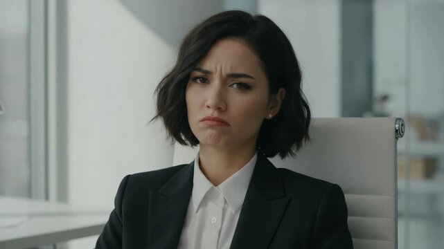 Young Asian businesswoman with a disgusted facial expression. Unimpressed female professional showing skepticism and disapproval in a modern office.