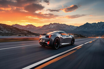 Gray sports car driving on mountain road during sunset, concept of travel and speed.