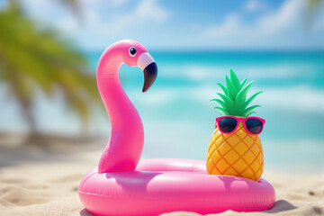 Obraz premium Fun inflatable pink flamingo and a pineapple wearing sunglasses on a sunny beach, symbolizing summer vacation.
