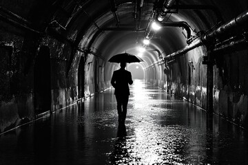 Cinematic black and white silhouette of a man with an umbrella walking down a dark, wet tunnel, evoking mystery and urban solitude.