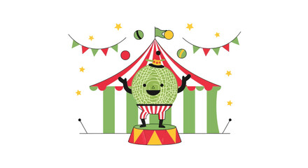 Whimsical Melon Clown Performing At The Circus With Tent And Pennants