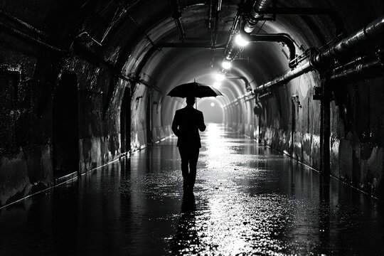 Cinematic black and white silhouette of a man with an umbrella walking down a dark, wet tunnel, evoking mystery and urban solitude.