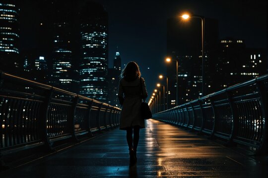Back view of a woman walking on a bridge at night with city lights and skyscrapers in the background, symbolizing urban solitude.