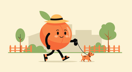 Whimsical Peach Character Enjoying A Sunny Walk With His Adorable Puppy Friend