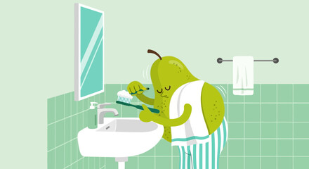 Whimsical Pear Character Brushing Teeth In Bathroom Scene Cartoon Illustration
