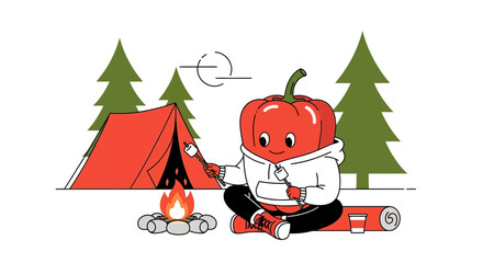Whimsical Pepper Character Enjoying Camping Adventure By The Fireplace With Marshmallows