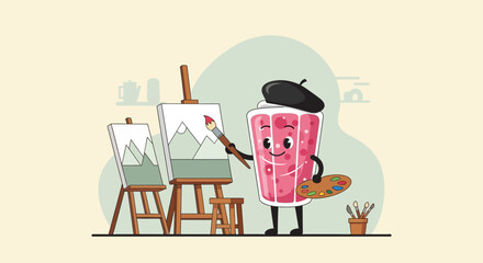 Whimsical Smoothie Artist Painting Mountain Landscapes In A Charming Studio