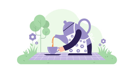 Whimsical Tea Party Teapot Pouring Tea Outdoors In Nature Illustration