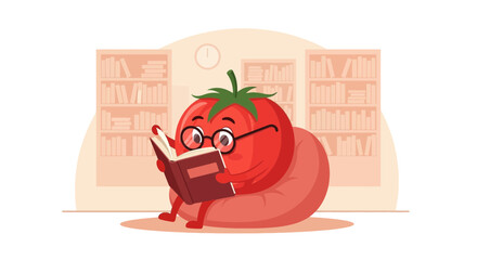 Whimsical Tomato Character Enjoying A Book In A Cozy Library Setting