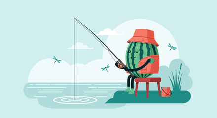 Whimsical Watermelon Fisherman Enjoying A Relaxing Day By The Lake In Summer