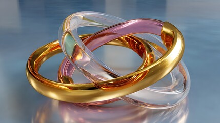 Elegant Intertwined Rings in Gold, Pink, and Clear Colors with a Soft Reflective Background