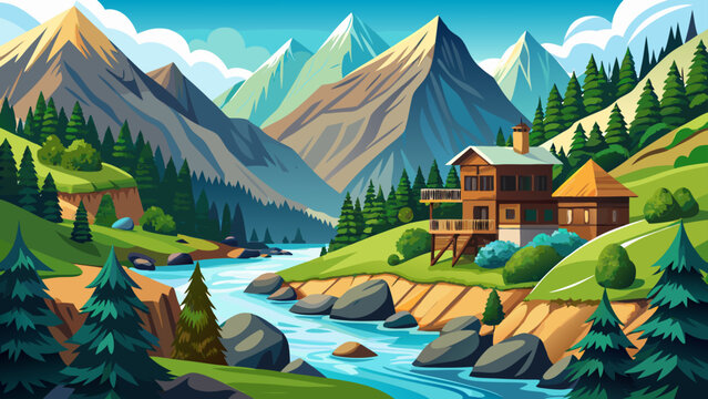 Chitral Valley, Khyber Pakhtunkhwa, Pakistan &ndash; Towering trees and green slopes surround the icy river. Wooden homes add charm to this tranquil setting perfect for detailed and cultural vector scenes.