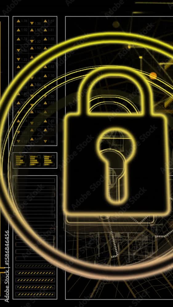 Poster lock symbol and cybersecurity animation over digital data and graphs