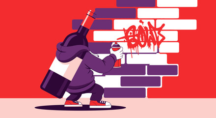 Wine Bottle Character Doing Graffiti With Spray Paint Against Brick Wall