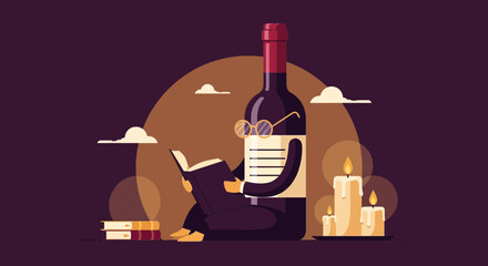 Wine Bottle Relaxing With Books And Candles In The Evening Background