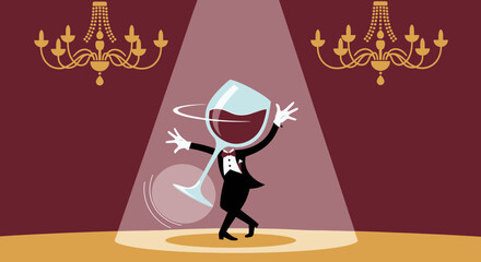 Wine Glass Person Performing On Stage Under Spotlight With Chandeliers
