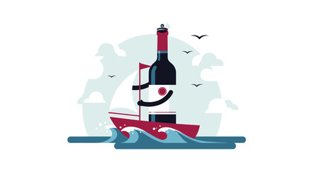 Wine Voyage Illustration Of a Bottle On a Boat Floating Through the Sea