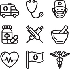 Simple Black Line Art Medical Icons Set.