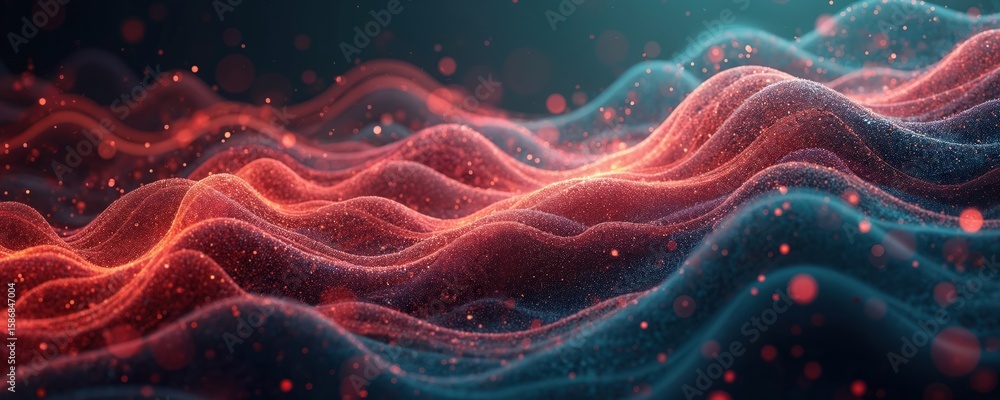 Aufkleber abstract wavy background with organic lines in red, blue hues. tiny sparkling particles create depth