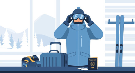 Winter Adventure Awaits Man Preparing For Ski Trip With Gear And Passport