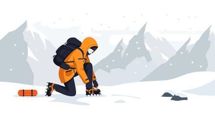 Winter Adventure Preparation Hiker Securing Crampons on Boots Before Mountain Ascent