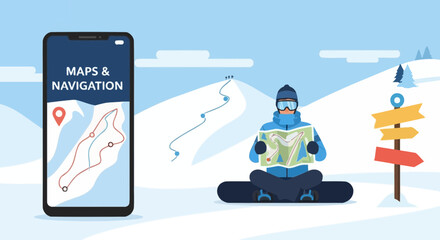 Winter Adventure Using Mobile Navigation On Snowboard Tour For Orientation