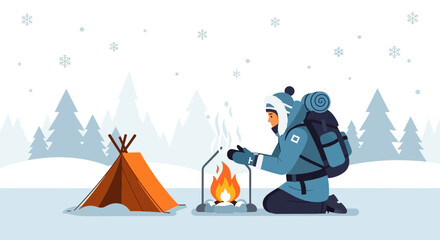 Winter Adventure Solitude Exploring The Wilderness With Bonfire In Snowy Scenery