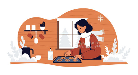 Winter Baking Comfort Woman Making Cookies at Home in Cozy Cabin Illustration