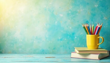 Colorful pencils in yellow mug on stacked books. Abstract background blends blues greens yellows. Celebrates education learning. Promotes school events teacher appreciation.