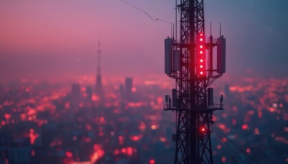 Cell tower glows with red lights against hazy purple sky. City lights bokeh blur in background. Represents communication, technology, network signal, wireless data transmission, urban infrastructure